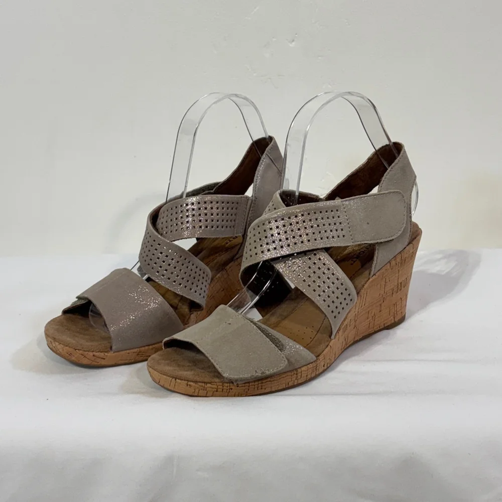 Rockport Cork Wedge Sandals Women’s Size 8 Crisscross Strappy Taupe Brown Gray